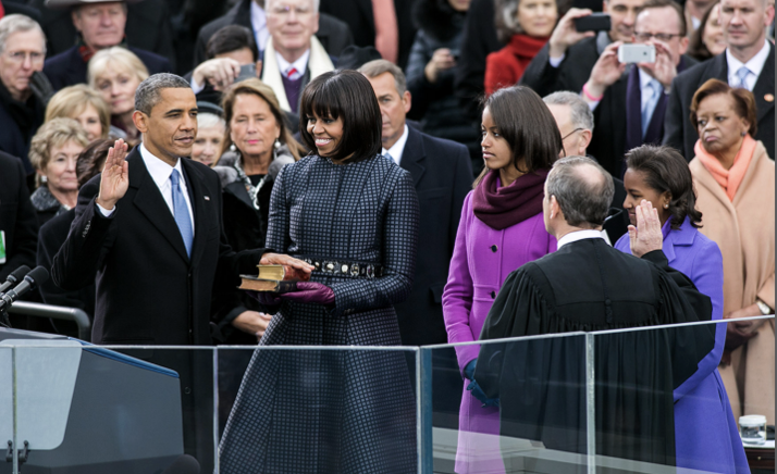 President Barack Obama doing his swearing in oath. 